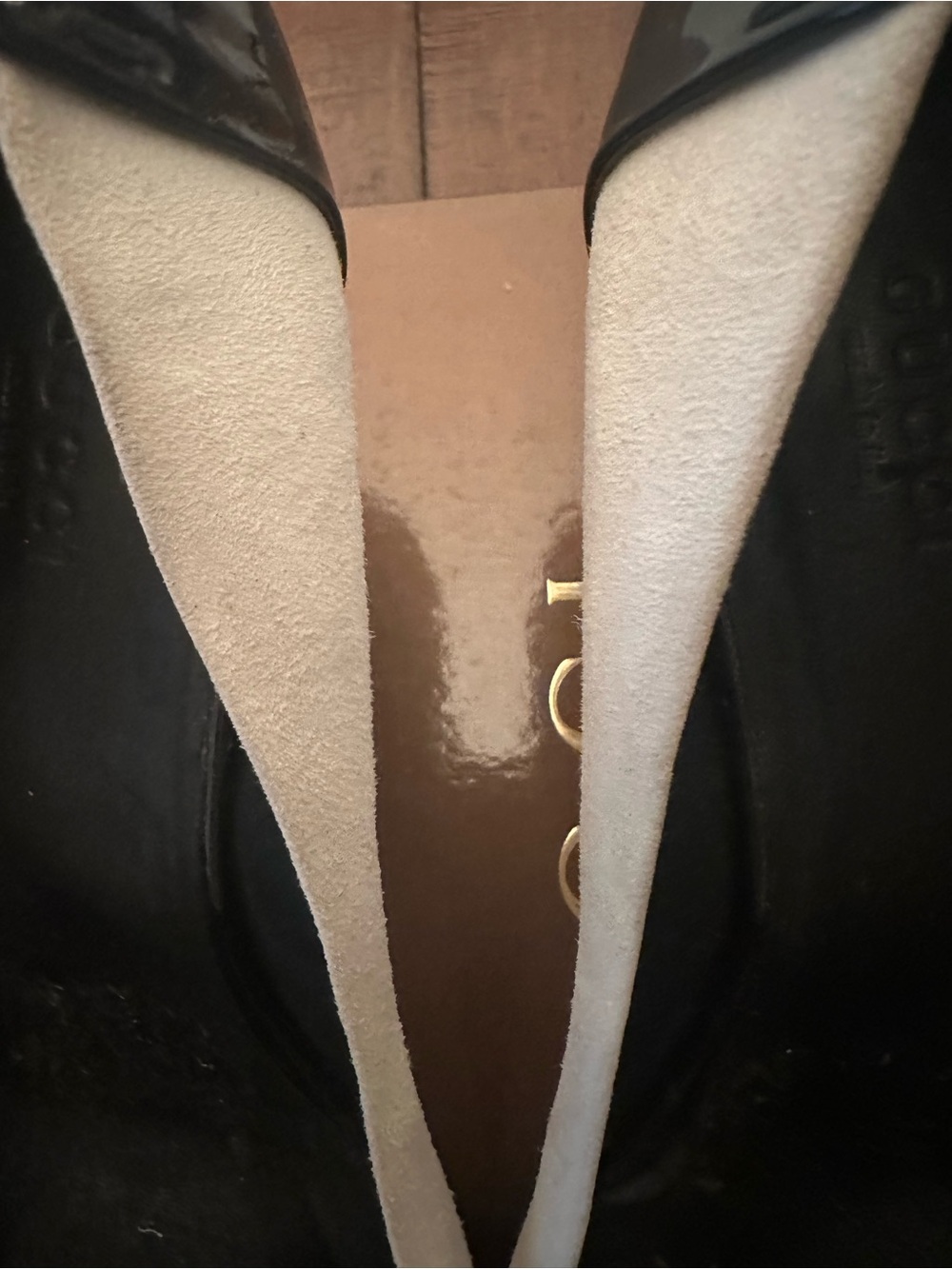Gucci Black Patent and White Suede Open Toe Pumps - Picture 12 of 16